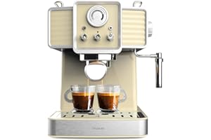 Cecotec Machine à Café Express Power Espresso 20 Tradizionale Light Yellow. 1350W, Espresso et Cappuccino, 20 Bars et Thermoblock, Vaporisateur, Manomètre, Design Vintage, Capacité de 1,5 Litres