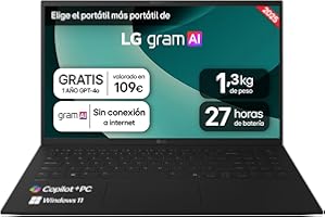 LG gram 15Z80T-G.AU75B Portátil 15", Windows 11, AMD Ryzen AI 7, 16 GB RAM, 512GB SSD, AMD Radeon Graphics 860M, Pantalla IPS (1920x1080), Ligero, 1.290 g, 27 Horas, AI, Negro