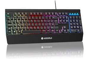 KOORUI Gaming Keyboard, 104 Keys Wired LED Backlit, Mechanical Feel, Anti-ghosting, Waterproof, USB Membrane for Desktop