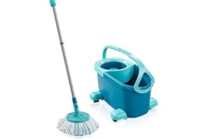 Leifheit Set Clean Twist Disc Mop Ergo 2.0 mit Rollwagen, Bodenwischer mit Mikrofaser Bezug für nebelfeuchte Reinigung auf Fliesen und Laminat, Wischmopp mit Click-System und Schleudertechnologie