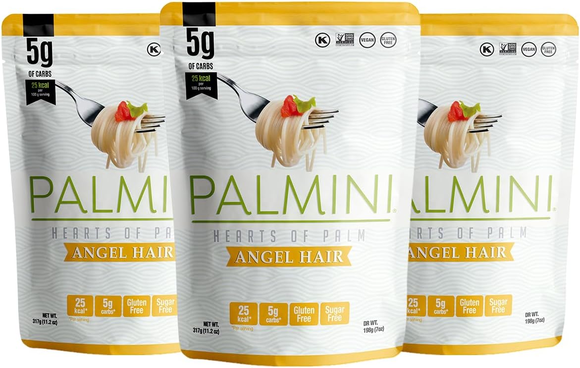 PALMINI Angel Hair – Spahetti – Palmito – Bajo en calorías – Bajo en carbohidratos – Keto - Vegano – Libre de OGM – Libre de Gluten – Sin azúcar – 338g | (Pack de 3 unidades)