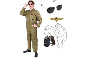 I LOVE FANCY DRESS Adults VE Day Pilots Aviator Costume - Air Pilot Jumpsuit Men Pilot Costume Aviator Jump Suit, Sunglasses, Pilot Badge & Dog Tags