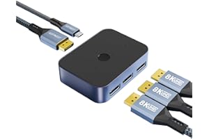 AGFINEST 8K DisplayPort 1.4 Switch, DP Switcher 3 in 1 Out, 8K@60Hz 4K@144Hz Umschalter, EIN-klick-Schalter Unterstützt Dolby Atmos, HDR, DTS, DSC, UHD für PC Monitor Laptop