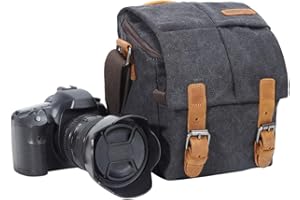 YUHAN Camera Bag, Vintage Canvas Camera Shoulder Bag Waterproof Leather Trim DSLR SLR Shockproof Camera Messenger Bag Black