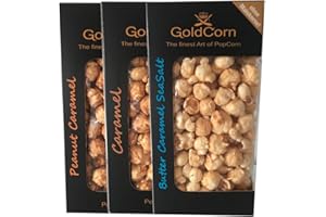 ‎GOLDCORN Gourmet Popcorn Klassik Karamell + Peanut Caramel + Butter SeaSalt Feinkost Snack Premium Popcorn Set (3 x 100g) Fertiges Popcorn & Popcorntüte | GoldCorn