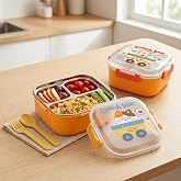 Deconox 600 ml Paslanmaz &Ccedil;elik Yemek Kabı, 4 B&ouml;lmeli Kilitli Lunch Box, &Ccedil;atal Kaşık Dahil Renkli Desenli Saklama ve Taşıma Ka