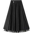 Jemsia Women's Reversible Tulle Midi A-line Elastic High Waisted Elegant Pleated Skirt Ballet Prom Party Skirt with Ornament