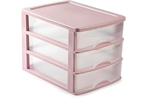 Acan Tradineur - Cajonera de sobremesa - Fabricado en España - 3 Cajones Transparentes - Torre de almacenaje, armario, baño, oficina - 26 x 27 x 35,5 cm - Color Rosa