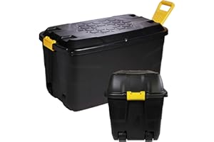STORM TRADING GROUP Heavy Duty Black Storage Trunk With Wheels & Handles - 110 & 145 Litre XL Capacity for Indoor & Outdoor Use (2 Boxes)