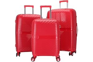 FLEX VALUE Flex 3pc Hard Shell Suitcase Set Lightweight Suitcase Set PP 3 Piece Luggage Set, Cabin & Hold Luggage Aluminium Trolley - 4 Wheel Waterproof Suitcases, Built in Lock (Red, Full Set)