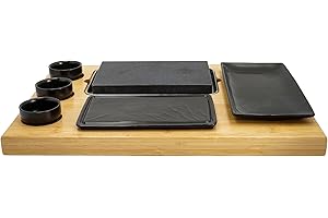 BEEFSTONE Placa de carnes de piedra de lava de piedra caliente modelo EVO, con pizarra, 3 cuencos de inmersión y una placa, 8 piezas, bistec de piedra caliente