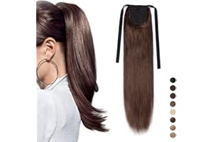 SEGO 16"(40cm) Coleta Postiza Larga Pelo Natural Clip Lisa #4 Marrón Medio Extensiones de Cabello Humano 100% Remy Ponytail Extension (80g)