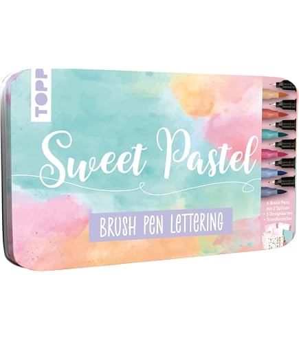Handlettering Designdose Brush Pens – Set In Scatola Metallo Con 6 Pennelli A Punta Fine E 5 Carte Design, Colori Pastello