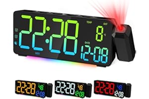 EVILTO Sveglia con Proiezione Soffitto Sveglia Digitale Orologio da Comodino LED con Proiezione 180° Ampio Schermo Caricatore Porta USB 12/24H DST Snooze Luce Notturna RGB Doppia Temperatura Data