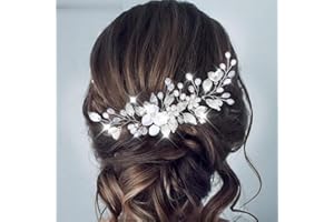 Vakkery Pettine per capelli da sposa con perle, accessorio per capelli da sposa, con foglie argentate, accessorio per capelli da