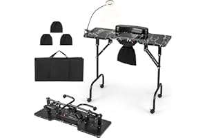 COSTWAY Folding Manicure Nail Table, Portable Nail Station Beauty Technician Desk with Dust Collector, LED Lamp, Wrist Pad, 4 Lockable Wheels & Carry Bag, Mobile Professional Spa Salon Table (Black)