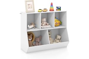 COSTWAY Regał na książki dla dzieci, regał dziecięcy z drewna, z 5 przegródkami na kostki i zabezpieczeniem przed przewróceniem, 2-poziomowy regał na zabawki, szafka do przechowywania do pokoju