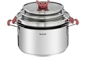 Tefal Opti’Space Lot de 3 faitouts 18/20/24 cm + 3 couvercles verre, Induction, Acier inoxydable, Empilable G720S674, Argent,transparent