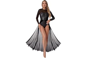 iiniim Damen Ballettkleid Glitzer Langarm Ballettanzug mit Mesh Rock Pailletten Kleid Ballett Trikot Gymnastik Turnanzug Modern Lyrisch Tanzkleid S-XXL