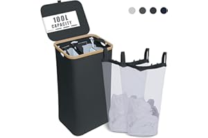 NOSTHEART 100L Cesto Portabiancheria con Coperchio, Cesta Portapanni con 2 Scomparti con Manici Laterali in Bambù, Cesto Biancheria Sporca Salvaspazio e Pieghevole, L