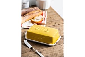OSKAS Porcelain Covered Butter Dish with Lid for Countertop Butter Holder Container for One Stick of Butter. Textured Tray Butter Keeper for Non Slip Storage-Yellow Small