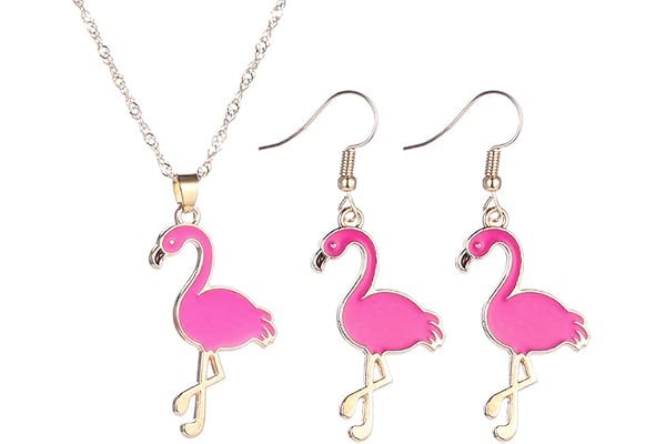 PPX Vackert rosa flamingo hänge halsband och örhängen set för kvinnor, barn och flickor för mamma, fru eller flickvän (rosenr
