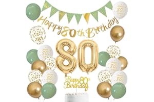 LOVECENTRAL 80 Jahre Geburtstag Dekoration für Männer und Frauen – Salbeigrün, Weiß und Gold Luftballons mit ‚Happy Birthday‘-Banner, Zahl 80 Ballon und Tortenaufleger für 80 Jahre Geburtstagsfeier-Deko (80)