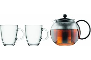Bodum K1805-01 Assam Set, Teebereiter mit Edelstahlfilter 1 L und 2 Stück Tasse, Glas, 0,35 L, schwarz