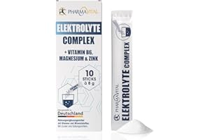 ‎PHARMAVITAL PharmaVital Elektrolyte Complex Vitamine und Elektrolyte, unterstützt Wasserhaushalt, Nervensystem, mit Vitamin B6 Kalium Chlorid Magnesium Zink Natrium, 10 Pulversticks je 8g zum Auflösen in Wasser