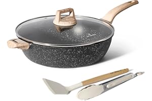 JUST PERFECTO HOUSEHOLD APPLIANCES JUST PERFECTO Padella Antiaderente 32cm con Coperchio in Vetro - Pentola Induzione adatta per tutti i fornelli - Padella Induzione con Manici Soft Touch - Padella Wok (nero, 32 cm)