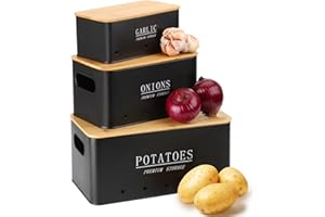 Otauoaea Porta Patate Cipolle Aglio - Set di 3 Contenitore Patate e Cipolle e Aglio - Porta Patate Cucina con Coperchio e Fori di Ventilazione - Contenitori Salvaspazio Cucina Design Retrò - Nero