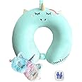 Travel Neck Pillow for Kids,Unicorn Memory Foam Pillow with Cute Eye Mask & Earplugs, Lightweight U-Shaped Travelling Pillow Set for Airplane , Car, Train, Bus and Home Use (Blue)
