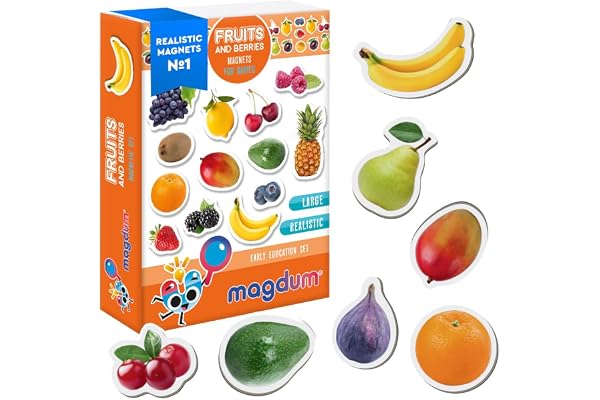 Magnets Frigo Fruits pour Enfants – Magdum – 25 Grands Magnets Réalistes – Jouet Éducatif Alimentaire pour Apprentissage – Jeu Éveil Maternelle – Magnets Solides Sûrs – Cadeau Enfant