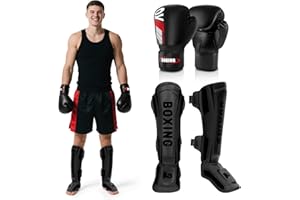 NZQXJXZ Kickboxing Shin Guards Muay Thai Shin Pads with 16oz Boxing Gloves, Adjustable Leg Guards with Instep Protection Shinguards Martial Arts Training Equipment for MMA Training and Sparring