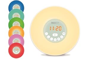 Lexibook Decotech Réveil bien-être simulateur d'aube couleurs - radio FM - lampe de chevet - lever/coucher de soleil - 6 sons naturels - snooze - veilleuse - RL998