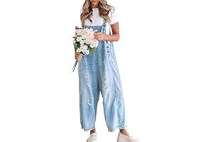 SaiDeng Damen Jeans Latzhose Retro – Oversize Baggy Jumpsuit mit Taschen, Used Look, Weite Beine, Locker & Bequem, Mit Rissen, Vintage Style, Verstellbare Träger