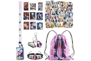 HERMJ Coffret Cadeau Demon Slayer,54 Pcs Cadeau Demon Slayer avec Sac à Dos avec Cordon de Serrage, Autocollants,Porte CléS,Bracelets,Porte-Carte