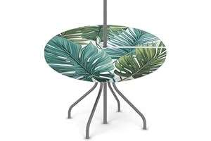 KNEMI Outdoor Round Tablecloth with Umbrella Hole, Tropical Leaves Patio Table Cover Fitted Tablecloth Waterproof Umbrella Table Cover for Party Picnic,Fit for 45"-56" Round Tables