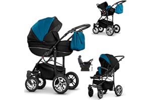 DEIN-BABYLÄDCHEN 17 teiliges Qualitäts-Reisesystem 4 in 1"COSMO-ECO" - KUNSTLEDER: Kinderwagen + Buggy + Autokindersitz + Iso Base + Schwenkräder - Mega-Ausstattung - Farbe (CE-11) SCHWARZ-PETROL KUNSTLEDER-SCHWARZ