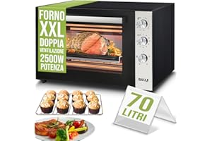 Bakaji Horno eléctrico ventilado, capacidad 70 litros, potencia 2500 W, temperatura regulable hasta 250°, 2 ventilaciones con elementos calefactores, acero, luz interior, función temporizador, asador