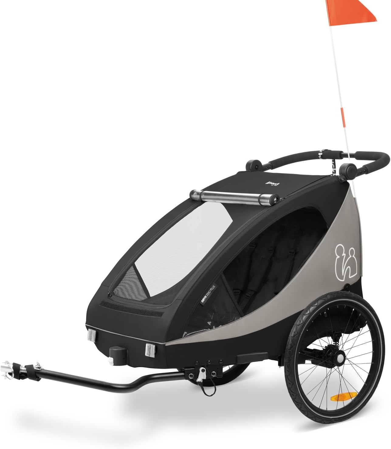 hauck Dryk Duo Plus, Black - 2in1 Kids Bike Trailer & Pushchair with Suspension 2 Seats Folding Bicycle Trailer with XL Storage, Tow Bar, Hitch, Pennant, Stroller Wheel & LED Rear Light
