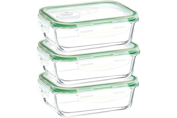 Amazon Brand - Solimo Borosilicate Glass Rectangle Container with Air-Vent Lid for Kitchen/Tiffin (420ml Each) Airtight & Leak-Proof Freezer, Microwave & Dishwasher Safe (Set of 3) (Transparent)