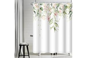 Uiiooazy Cortina Ducha Hojas Verde, Cortina de Ducha Hojas di Eucalipto Flores Rosa Plantas Cortinas de Baño Antimoho Impermeable Lavable Tejido de Poliéster Cortinas de Ducha con Ganchos 180x200cm