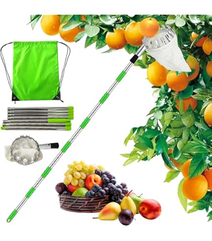 Raccoglitore Di Frutta Telescopico 4m - Con Sacchetto In Cotone, Acciaio Inox, Per Mele, Pere, Ciliegie