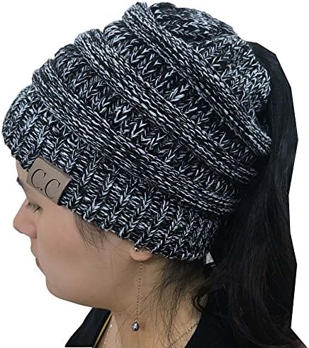BeanieTail Soft Stretch Cable Knit Messy High Bun Ponytail Beanie Hat Cap (Black-White)