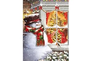 ASKKQTX Christmas Diamond Art Kits For Adults,Snowman by the Window DIY 5D Round Full Drill Gem Art Kits For Beginner,Winter House Christmas Tree Diamond Dots Painting Kit For Home Wall Decor 12x16 Inch