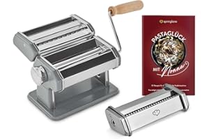 SPRINGLANE KITCHEN SPRINGLANE Macchina per pasta manuale Nonna, acciaio inossidabile, macchina per pasta con ricettario, asciuga pasta e 3 accessori da taglio per spaghetti, lasagne, tagliatelle (Grigio - Accessori)