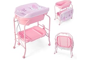 COSTWAY Table à Langer 2 en 1 avec Baignoire 20L Plateau de Rangement, Commode à Langer Pliable Couches Étanches Roue Universelle à Frein Charge 35KG, pour Bébé 0-12 Mois (Rose)
