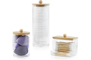 JINTANG 3 Pcs cotton pad holder,cotton bud holder with bamboo lid,cotton pad dispenser,bamboo bathroom accessories,for bathroom cotton wool balls jars,makeup remover cotton bud storage box