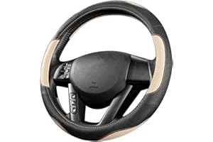 coofig Leather Car Steering Wheel Covers Universal 37-38cm /15inch Breathable Anti-slip Protector Interior Accessories for Auto/Truck/SUV/Van for Men Women (Black beige-2)
